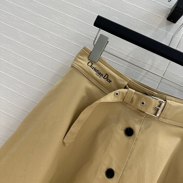 CD 25 Belted Single-breasted Long Skirt Khaki Cotton