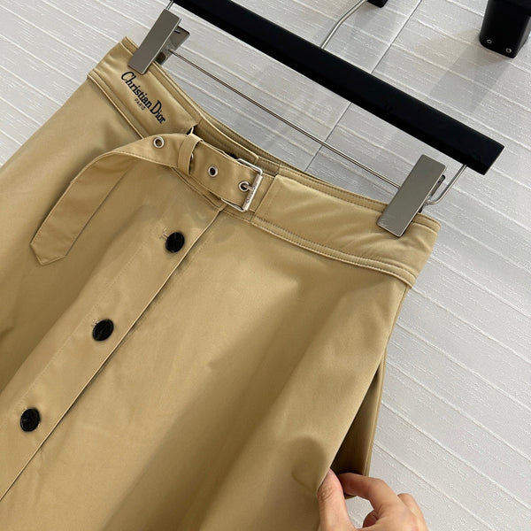 CD 25 Belted Single-breasted Long Skirt Khaki Cotton