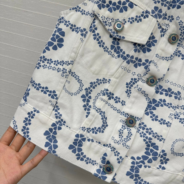 CC 25 Printed Denim Round Neck Vest Blue White Cotton