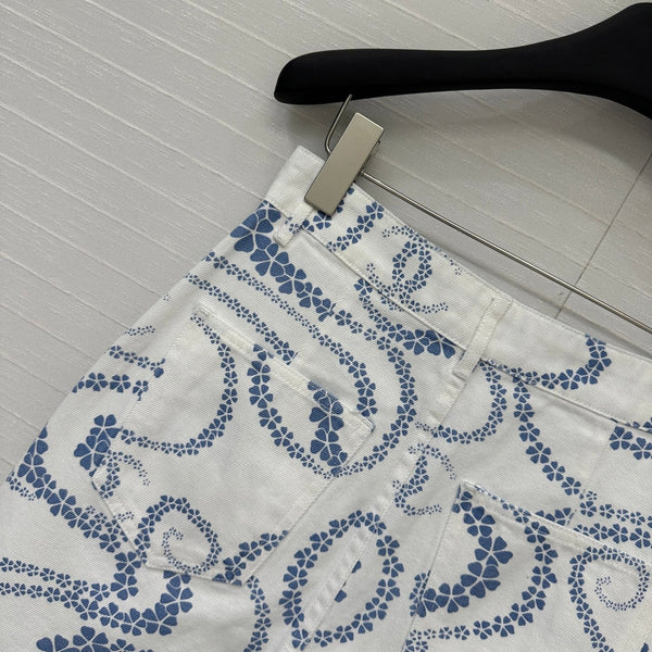 CC 25 Printed Denim Single-breasted Short Skirt Blue White Cotton
