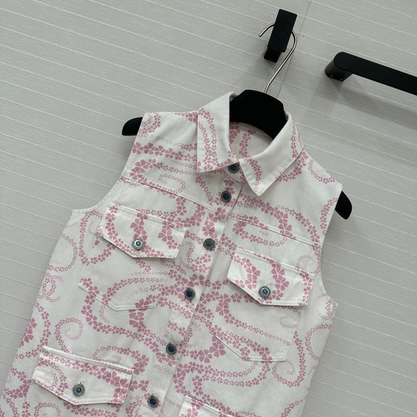 CC 25 Printed Denim Vest Jacket Pink White Cotton
