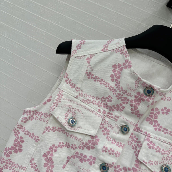 CC 25 Printed Denim Round Neck Vest Pink White Cotton
