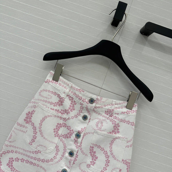 CC 25 Printed Denim Single-breasted Short Skirt Pink White Cotton