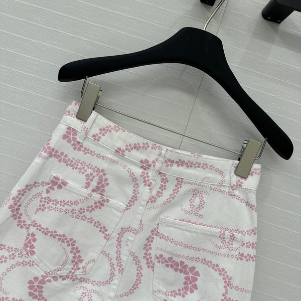 CC 25 Printed Denim Single-breasted Short Skirt Pink White Cotton