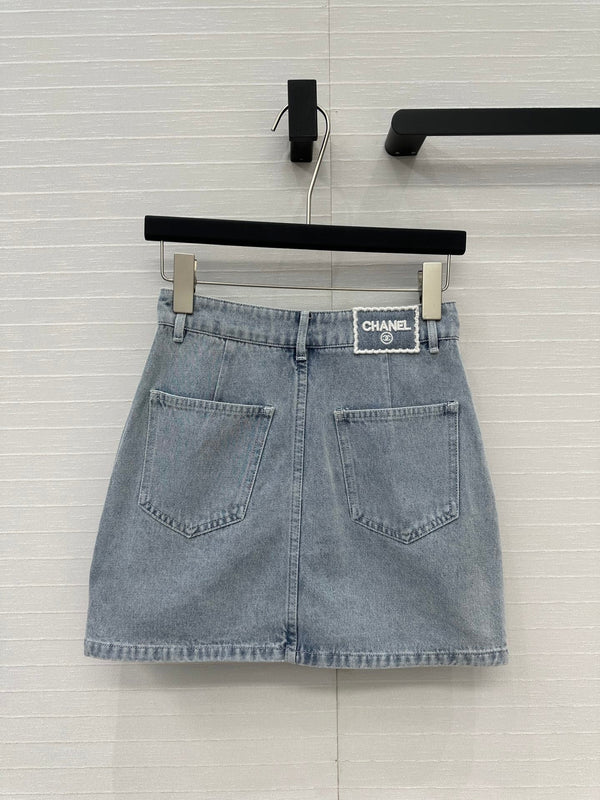 CC 25 Single-breasted Short Skirt Light Blue Denim Cotton
