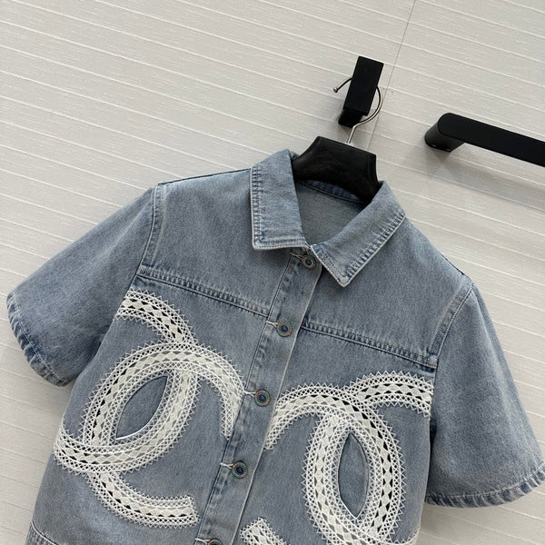 CC 25 Round Neck Short-sleeved Jacket Light Blue Denim Cotton