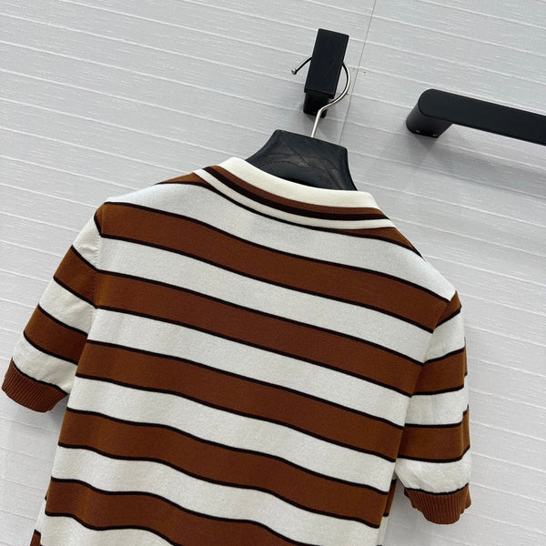 Prada 25 Striped Short-sleeved Knitted Cardigan Brown white Cotton