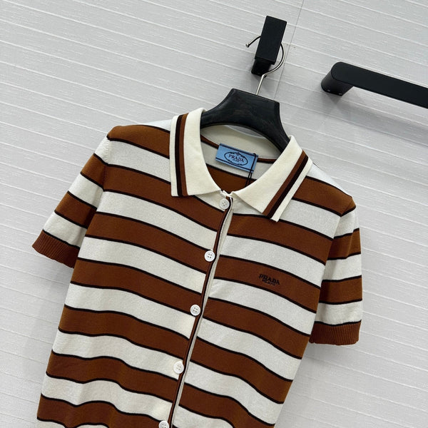 Prada 25 Striped Short-sleeved Knitted Cardigan Brown white Cotton
