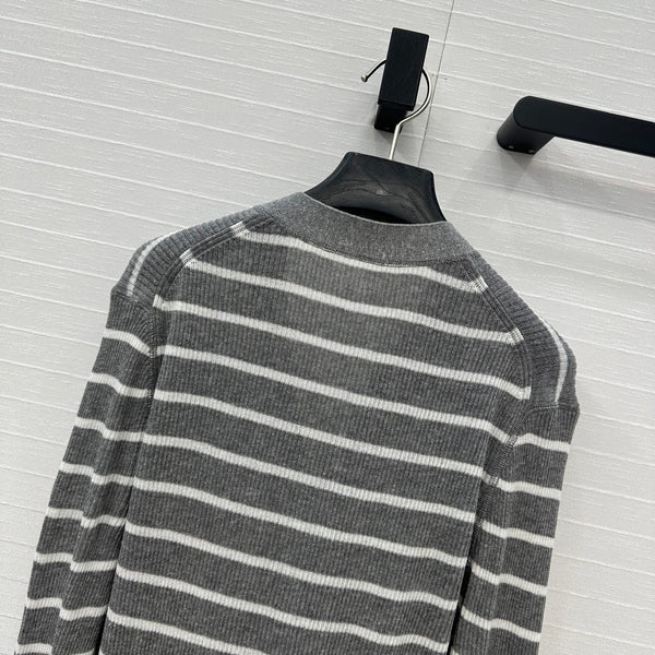 CD 25 Striped Cardigan Gray mix White Linen Cashmere