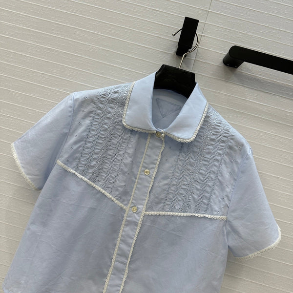 Prada 25 Lace Short-sleeved Shirt Blue Cotton