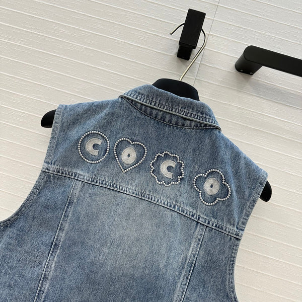 CC 25 Embroidered Vest Jacket Blue Denim Cotton