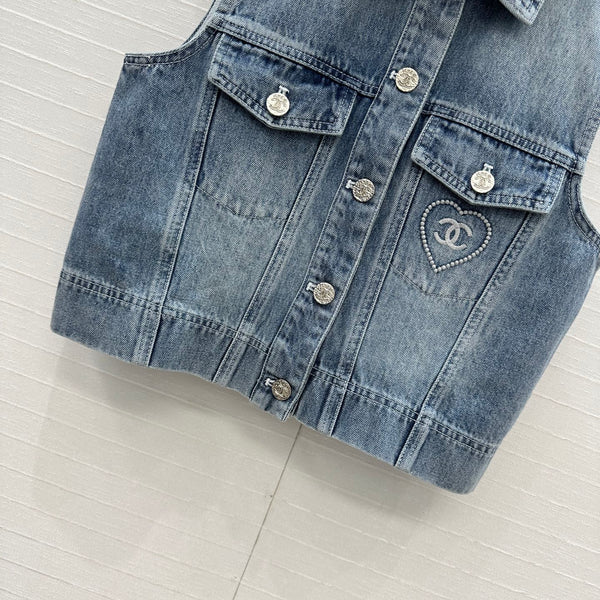 CC 25 Embroidered Vest Jacket Blue Denim Cotton
