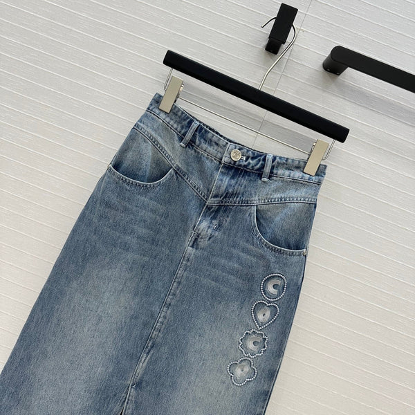 CC 25 Embroidered Midi Skirt Blue Denim Cotton
