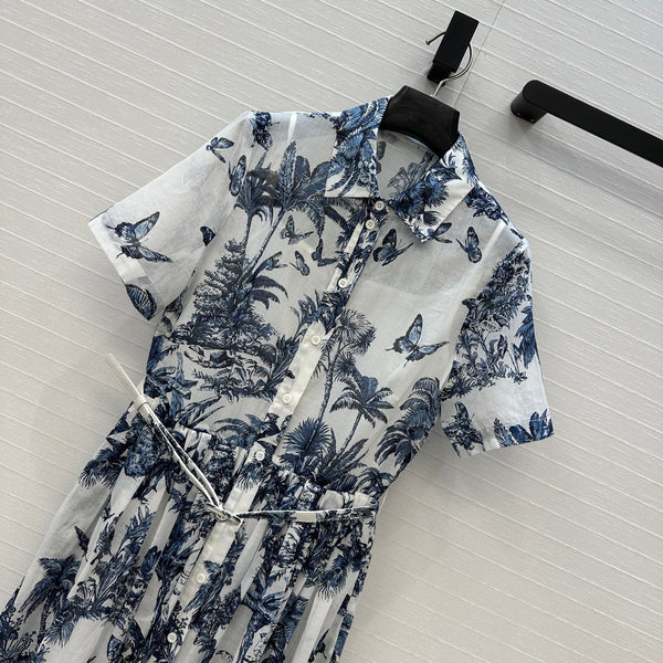 CD 25 Butterfly Coconut Print Shirt Dress White Blue Cotton