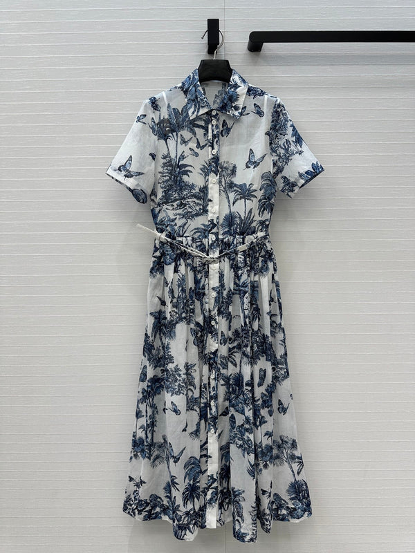 CD 25 Butterfly Coconut Print Shirt Dress White Blue Cotton