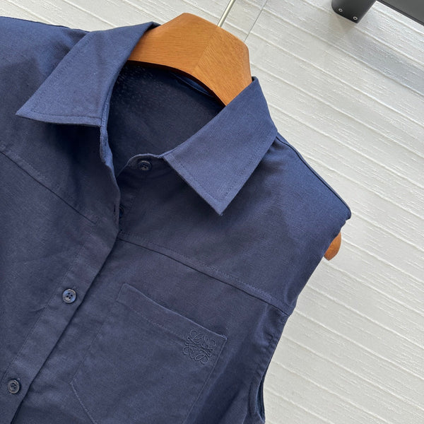 Loewe 25 Lace-up Waist Sleeveless Shirt Dark Blue Linen