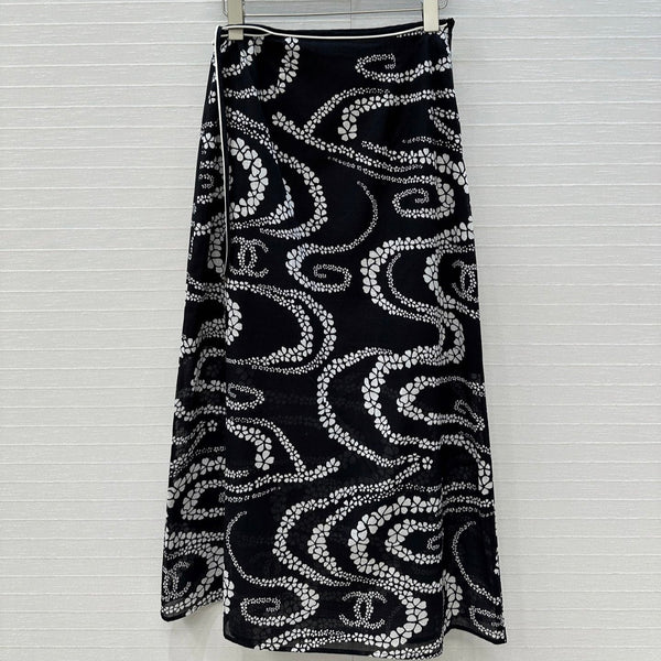 CC 25 Wave Pattern Long Skirt Black Silk Cotton