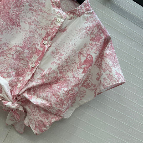 CD 25 Flying Sleeve Short Shirt White Pink Cotton