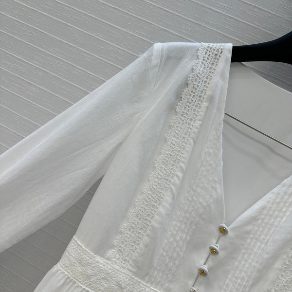 Celine 25 Embroidered V-neck Dress White Cotton