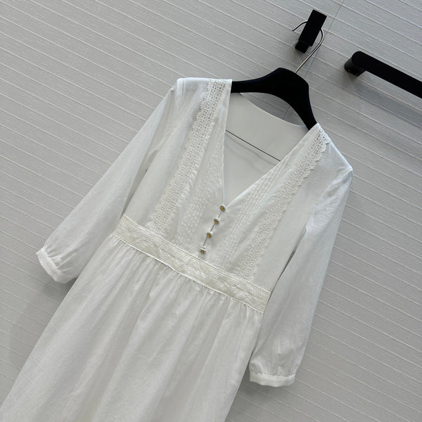 Celine 25 Embroidered V-neck Dress White Cotton