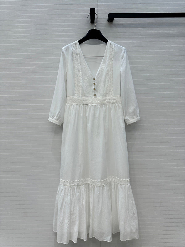 Celine 25 Embroidered V-neck Dress White Cotton