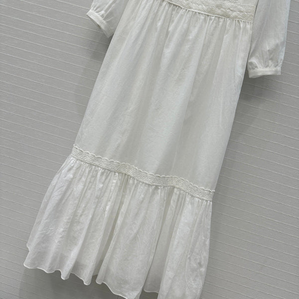 Celine 25 Embroidered V-neck Dress White Cotton