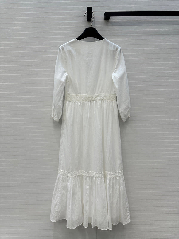 Celine 25 Embroidered V-neck Dress White Cotton