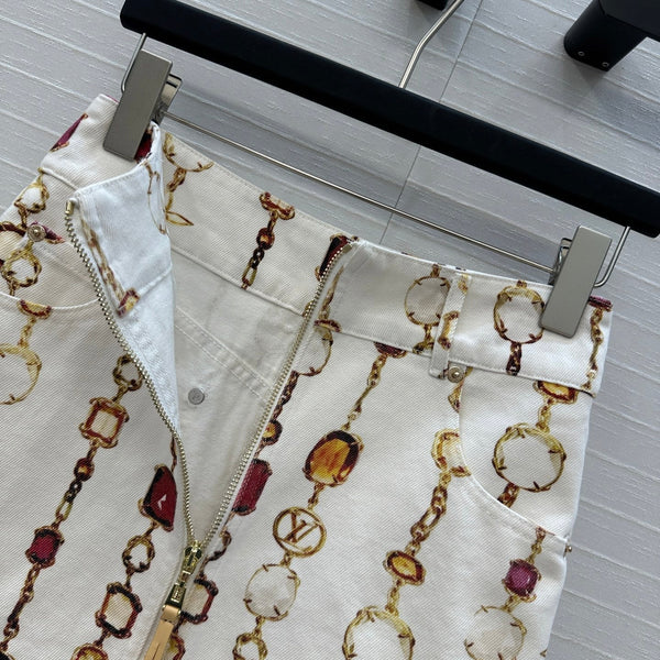 LV 25 Bourgoise Series Printed Zipper Denim Skirt White Cotton