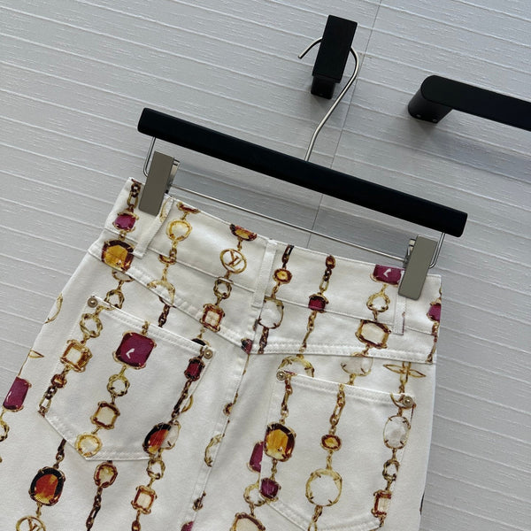 LV 25 Bourgoise Series Printed Zipper Denim Skirt White Cotton