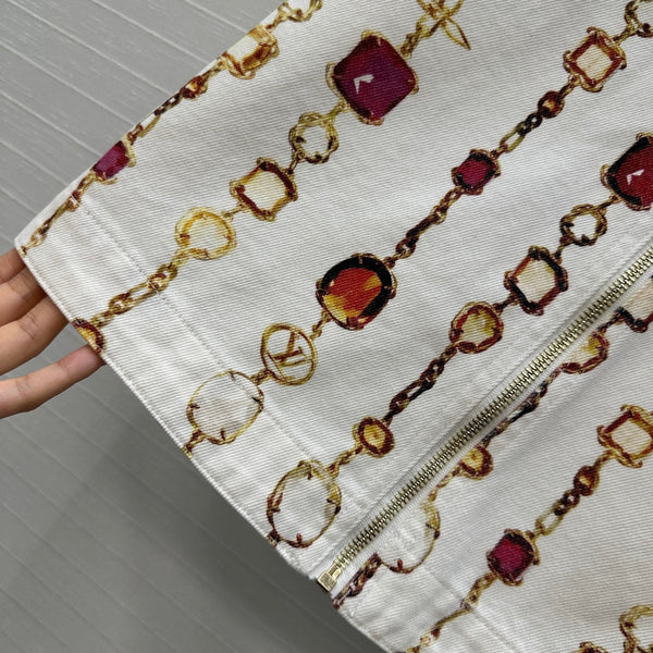 LV 25 Bourgoise Series Printed Zipper Denim Skirt White Cotton