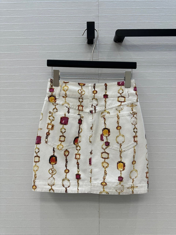 LV 25 Bourgoise Series Printed Zipper Denim Skirt White Cotton