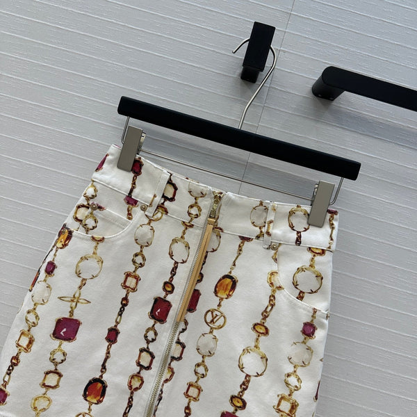 LV 25 Bourgoise Series Printed Zipper Denim Skirt White Cotton