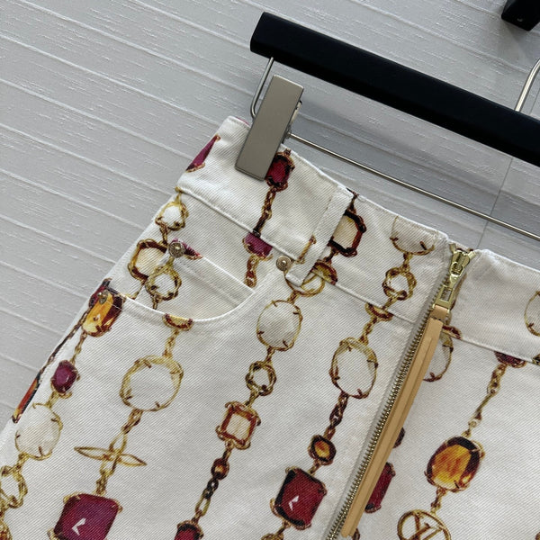 LV 25 Bourgoise Series Printed Zipper Denim Skirt White Cotton