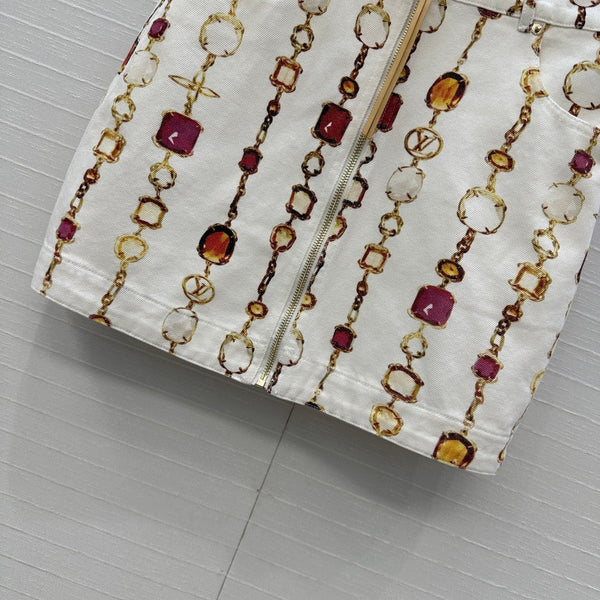 LV 25 Bourgoise Series Printed Zipper Denim Skirt White Cotton