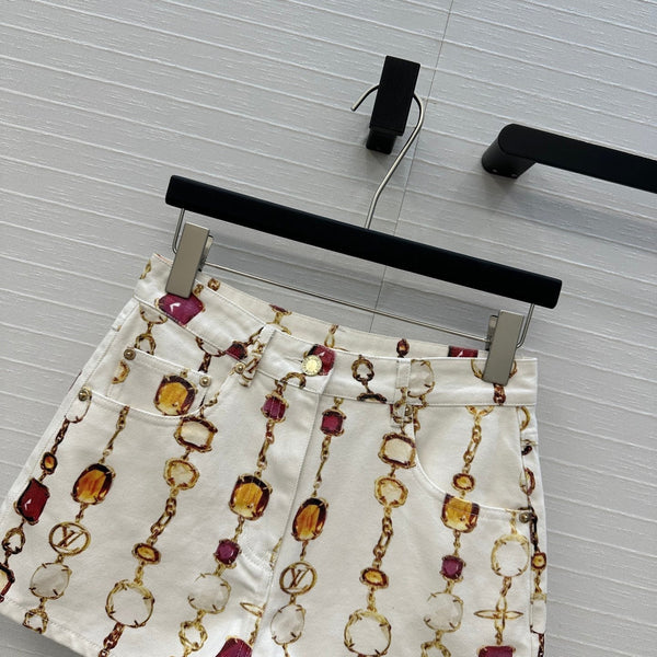 LV 25 Bourgoise Series Printed Zipper Denim Shorts White Cotton