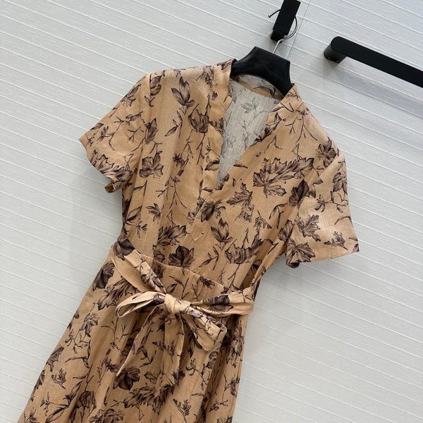 CD 25 Floral Print V-neck Long Skirt Beige mix Dark Brown Linen