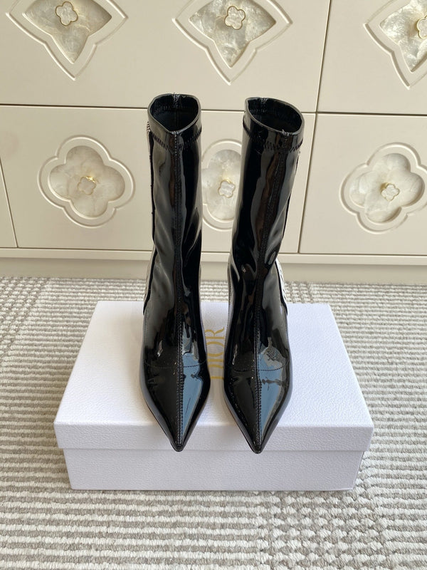 Dior 2025 Tribales Heeled Ankle Boot 80mm Black White Patent Leather 501197
