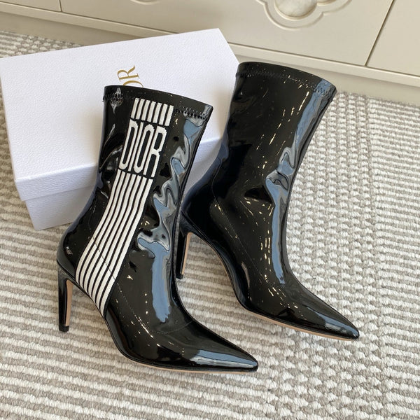 Dior 2025 Tribales Heeled Ankle Boot 80mm Black White Patent Leather 501197