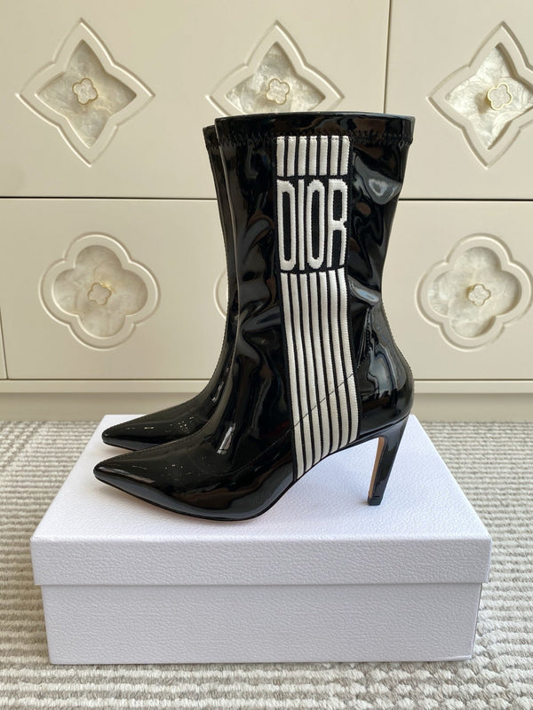 Dior 2025 Tribales Heeled Ankle Boot 80mm Black White Patent Leather 501197