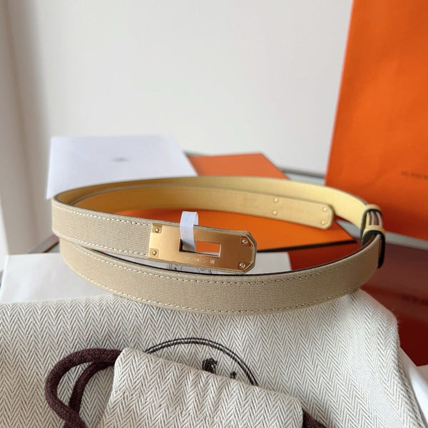 HM Kelly Belt 18mm Beige Canvas Epsom Leather Pink Gold Buckle