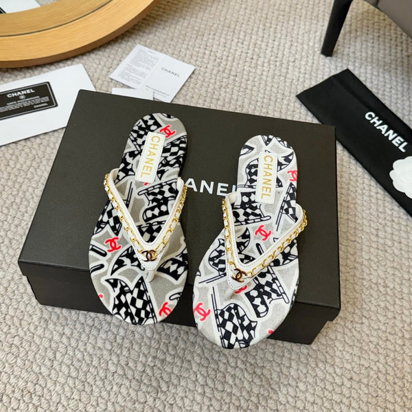 CC Chain Strap Thong Slippers Multicolor Cloth Sheepskin Velvet 305867