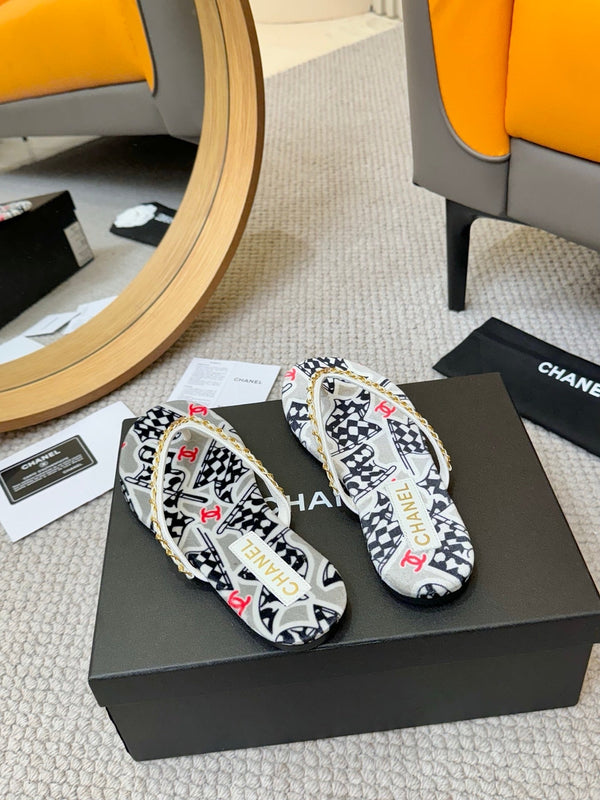 CC Chain Strap Thong Slippers Multicolor Cloth Sheepskin Velvet 305867