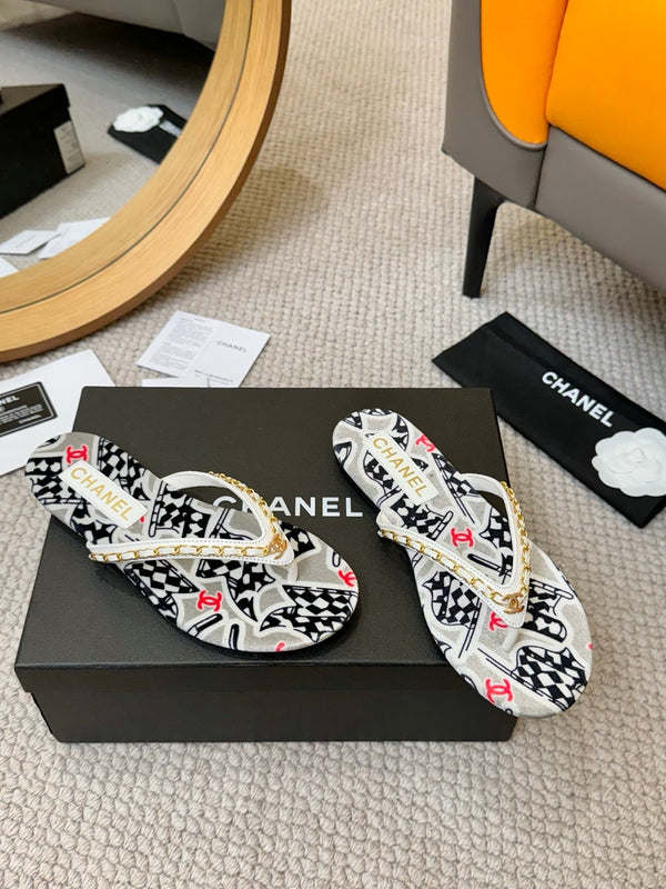 CC Chain Strap Thong Slippers Multicolor Cloth Sheepskin Velvet 305867