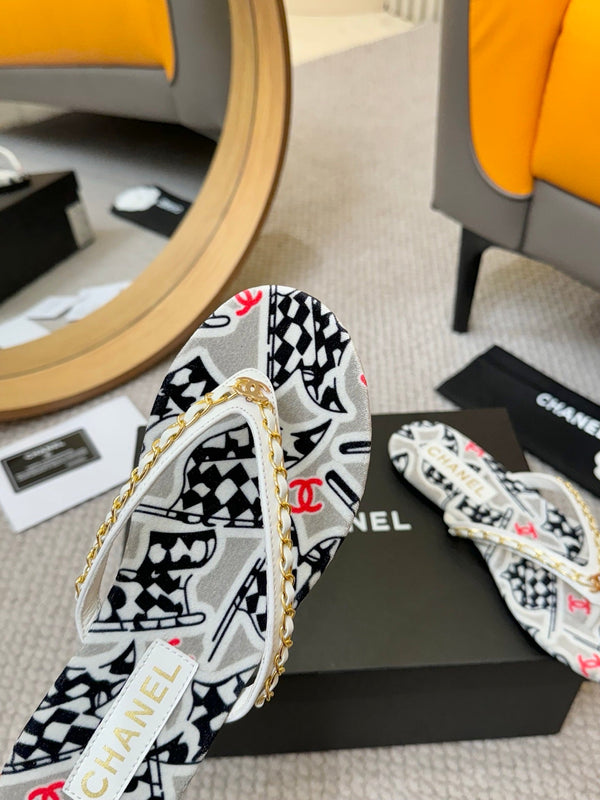 CC Chain Strap Thong Slippers Multicolor Cloth Sheepskin Velvet 305867