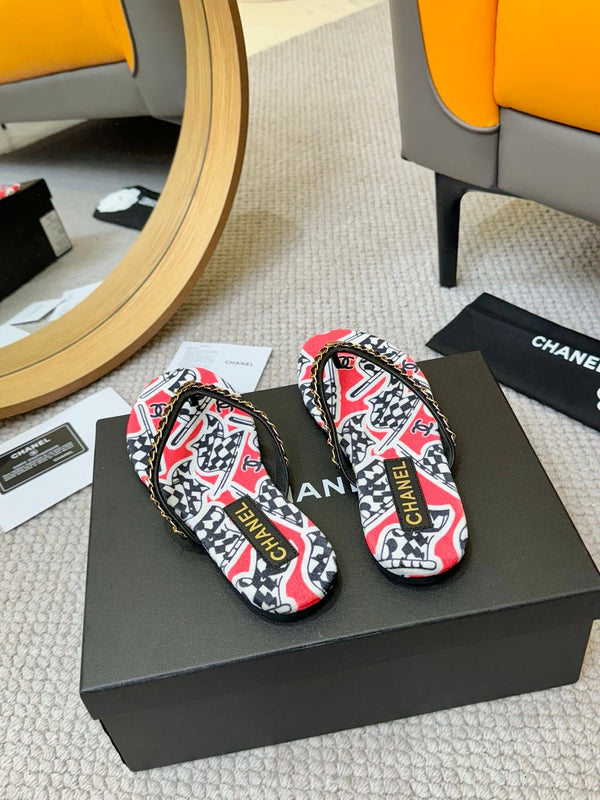 CC Chain Strap Thong Slippers Red Cloth Sheepskin Velvet 305868