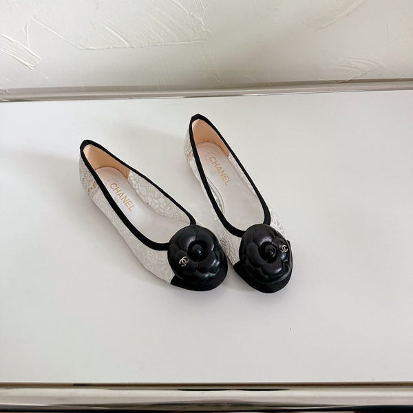 Ballet Flats White Lace Mesh Black Grosgrain Flower