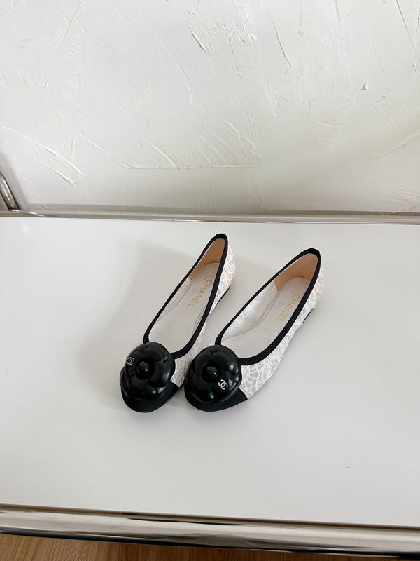 Ballet Flats White Lace Mesh Black Grosgrain Flower