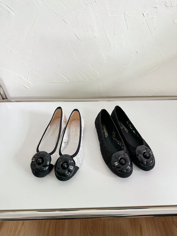 Ballet Flats Black Tweed Grosgrain Flower