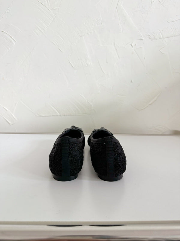 Ballet Flats Black Tweed Grosgrain Flower