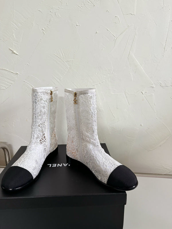 CC Boots Flower White Lace Mesh Black Grosgrain